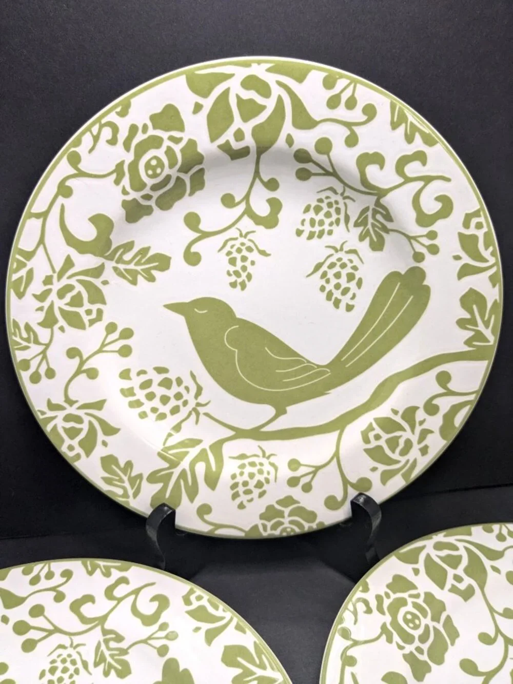 Pier 1 Imports Green Bird Stoneware 8” Luncheon Salad Dessert Plates Set Of 3